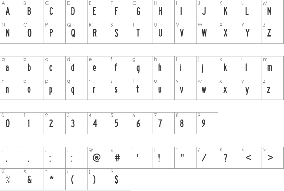 Highway Gothic Condensed font character map preview