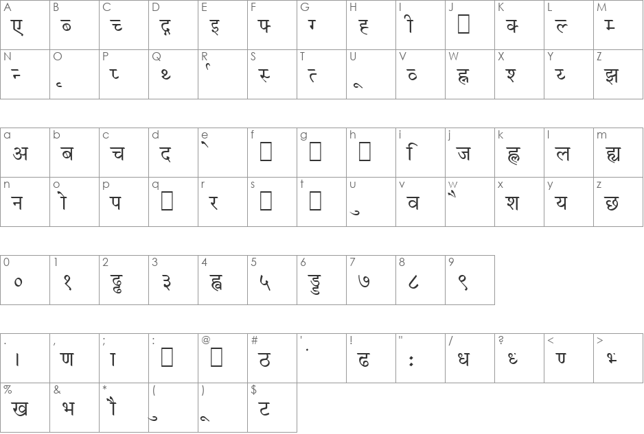 Hindi Demo Vijay font character map preview