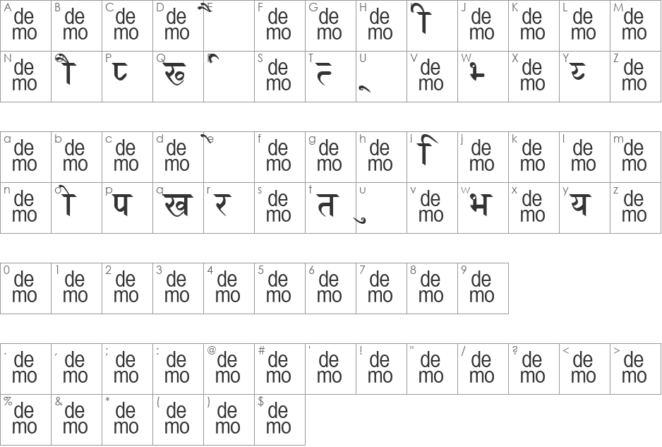 Hindi Saral-DEMO font character map preview
