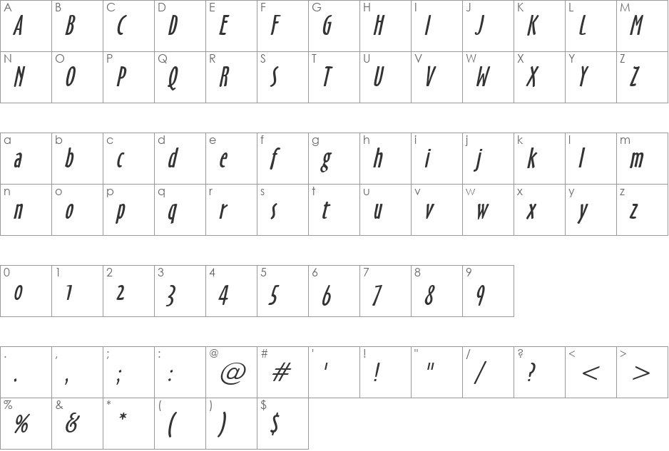 Hobby font character map preview