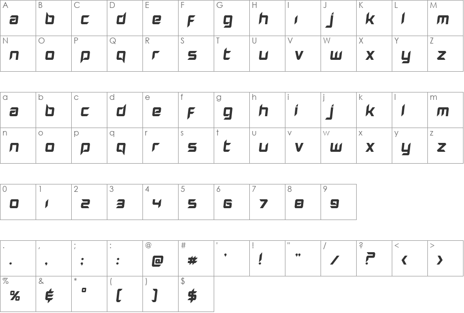 Hollow Point Semi-Italic font character map preview