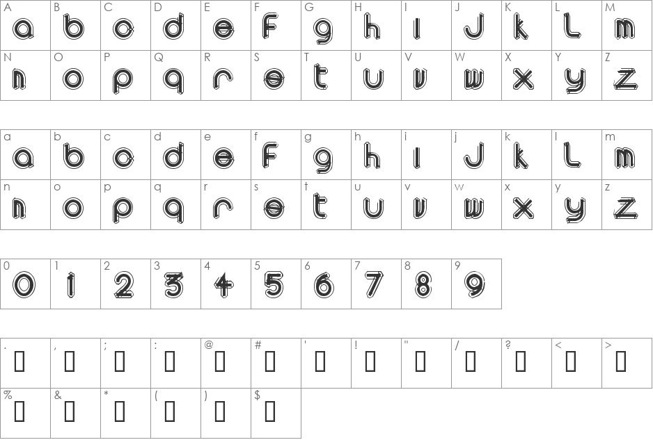 area OUTLINEe font character map preview