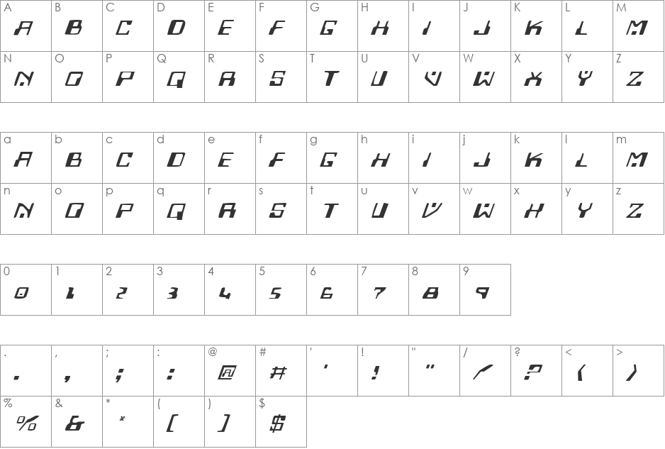 Homemade Robot Expanded Italic font character map preview