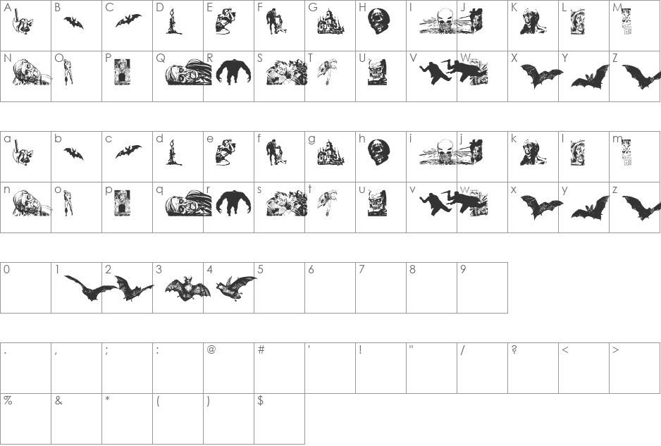 Horror Dingbats font character map preview