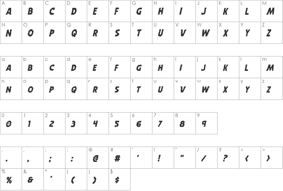 Horroween Italic font character map preview