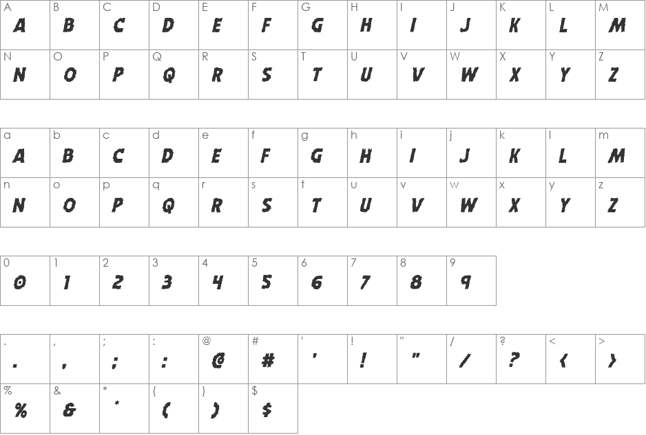 Horroween Staggered Italic font character map preview