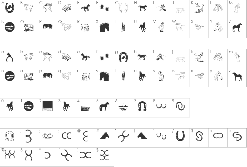 Horses font character map preview