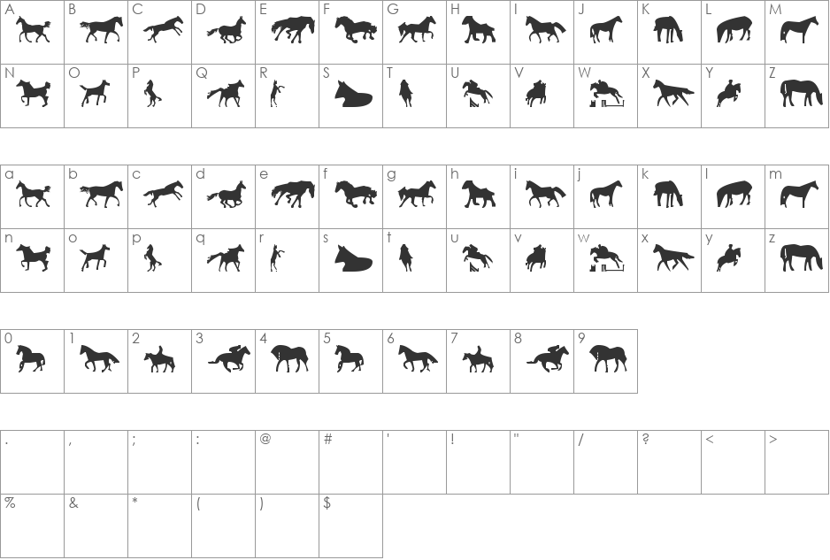 Horses 1 font character map preview