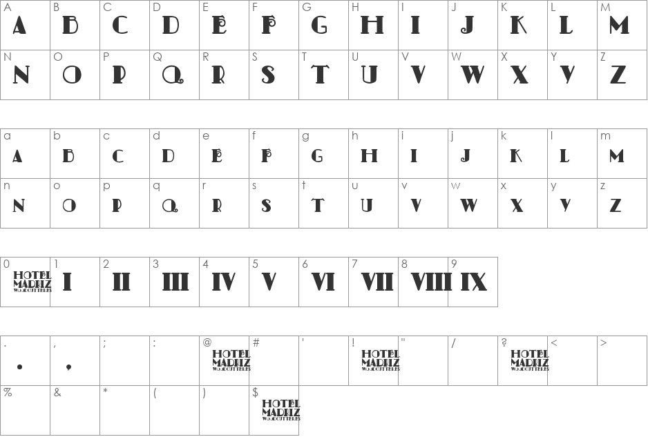 Hotel Madriz font character map preview