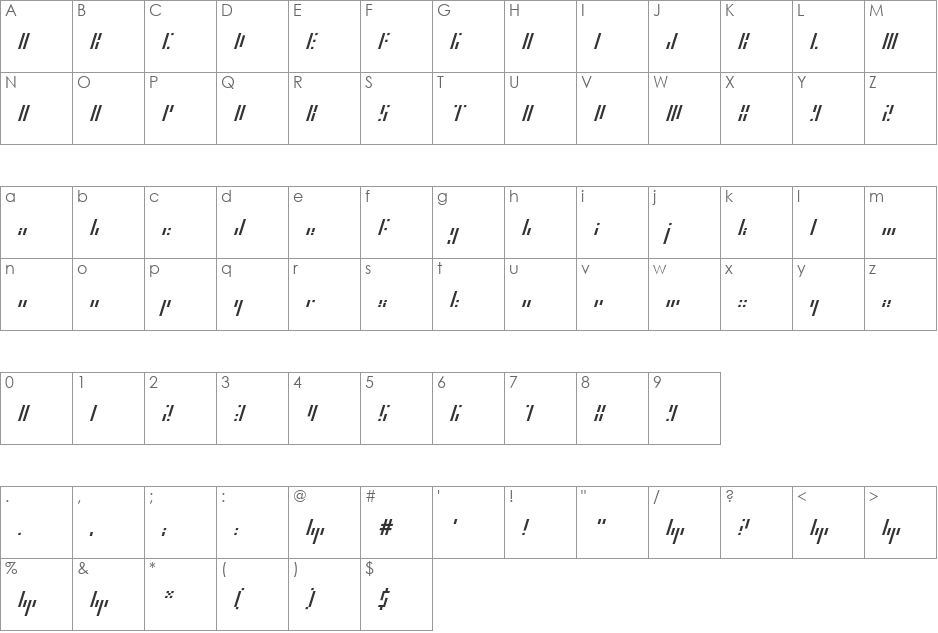 HP Slant font character map preview