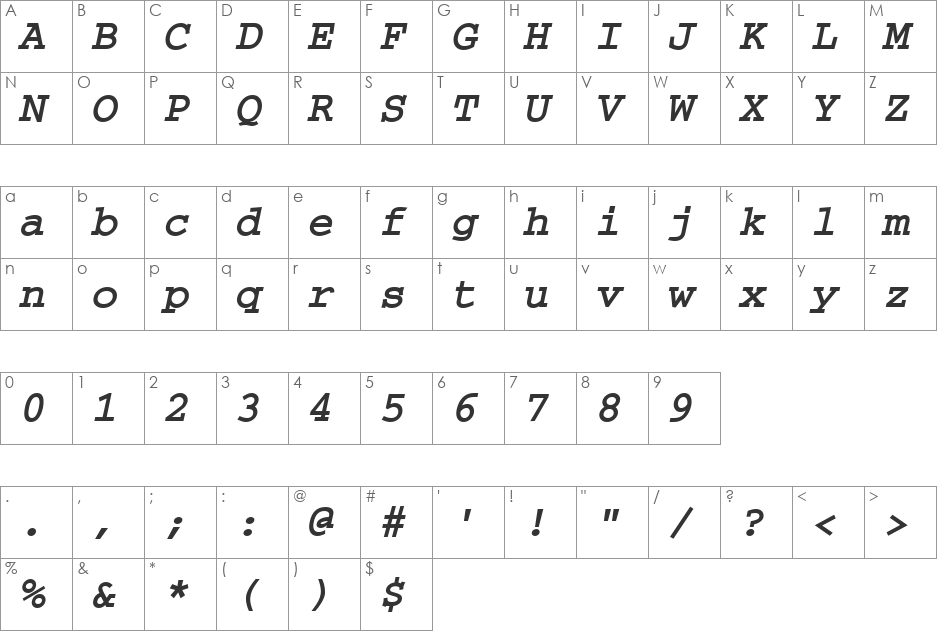 HP-Couri font character map preview