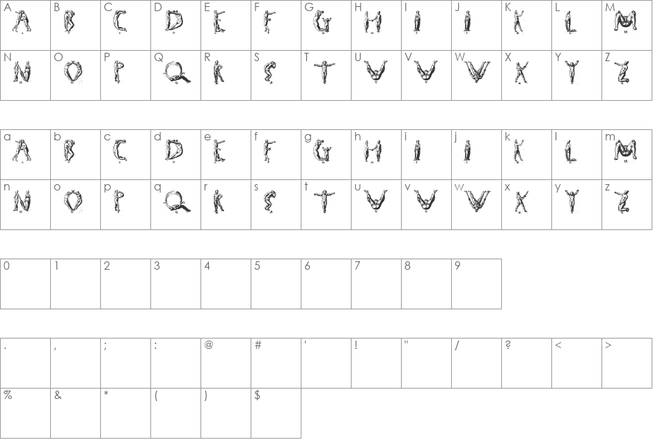 Human letters font character map preview