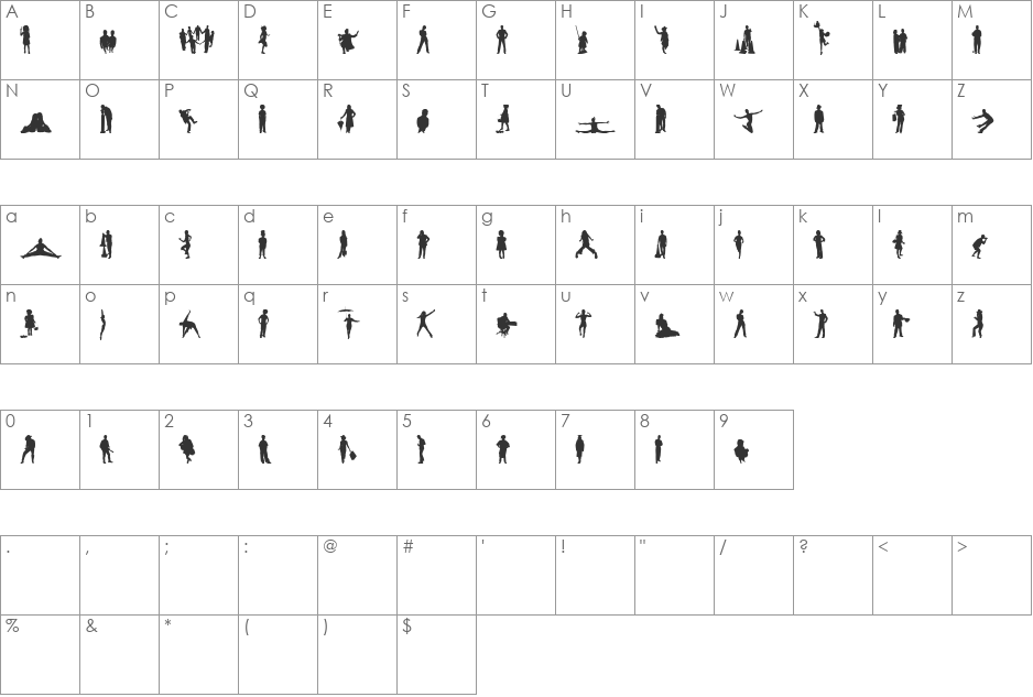 Human Silhouettes Five font character map preview