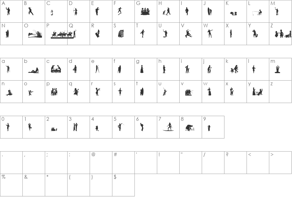 Human Silhouettes Nine font character map preview