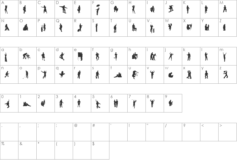 Human Silhouettes Seven font character map preview