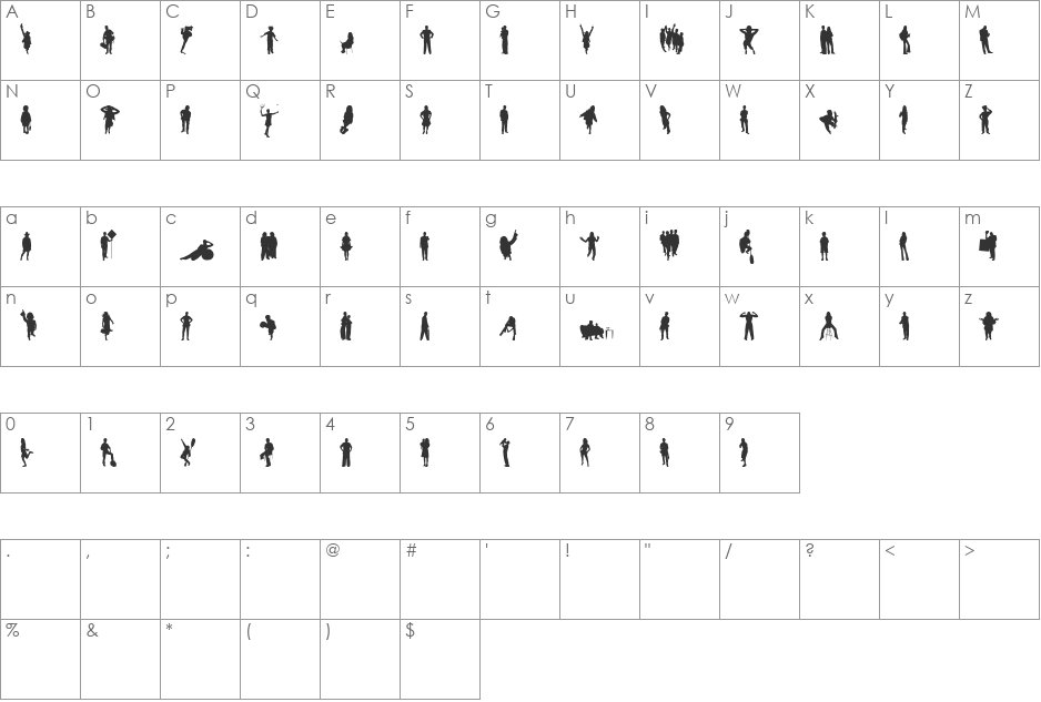 Human Silhouettes Six font character map preview