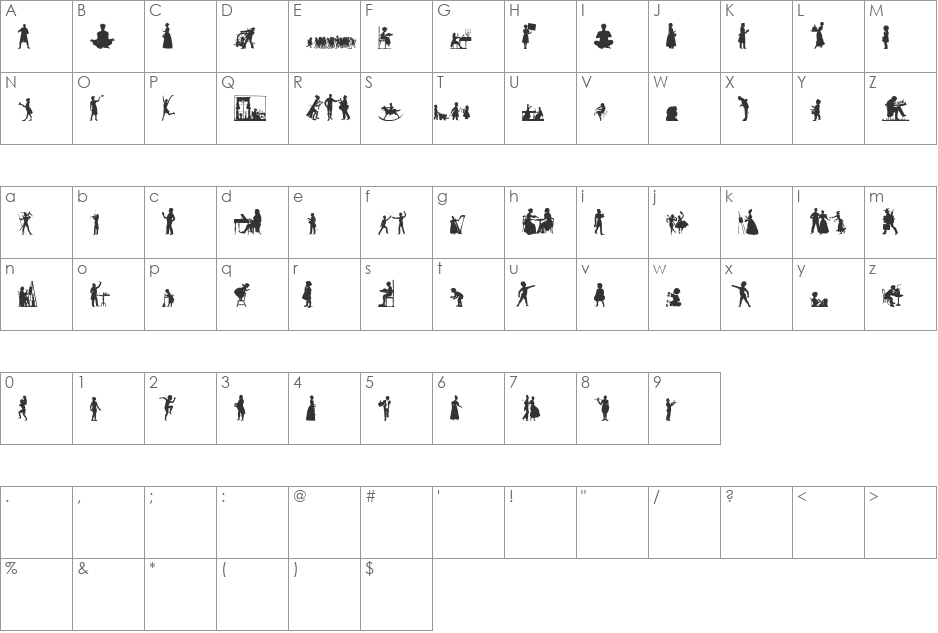 Human Silhouettes Ten font character map preview