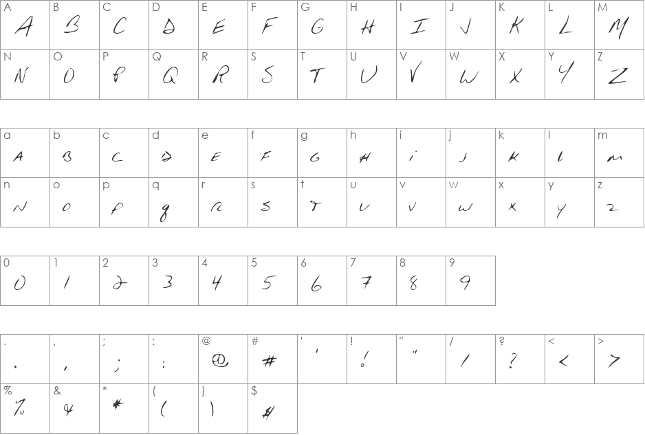 HuntersHand font character map preview