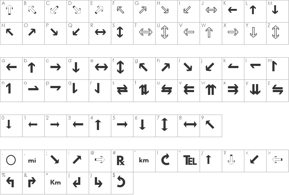 Hussar Motorway font character map preview