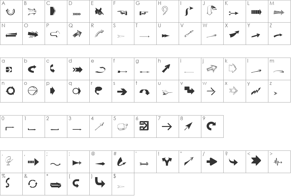 Idea Arrows font character map preview