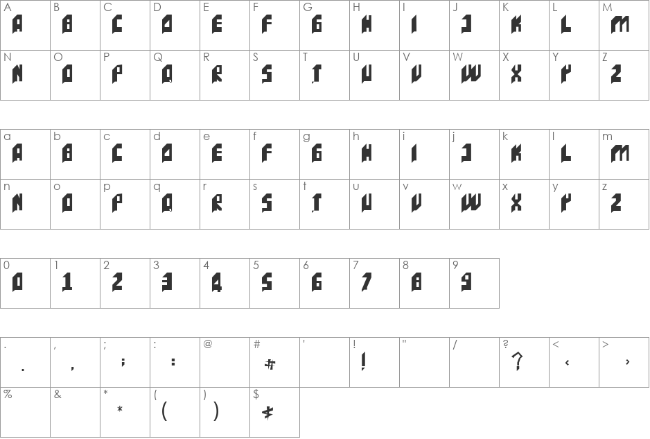 INCAC font character map preview