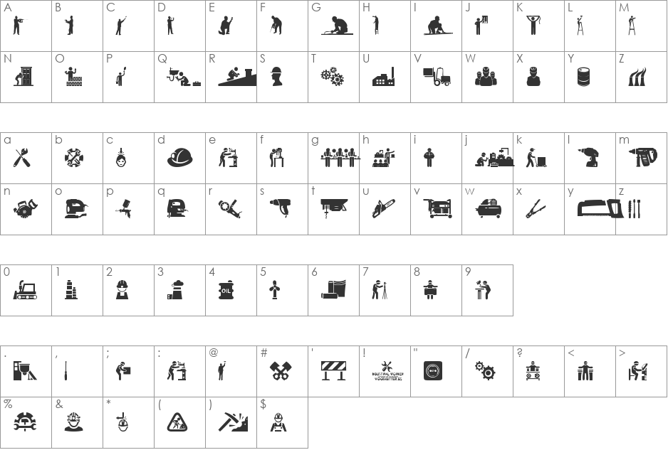 Industrial Worker font character map preview