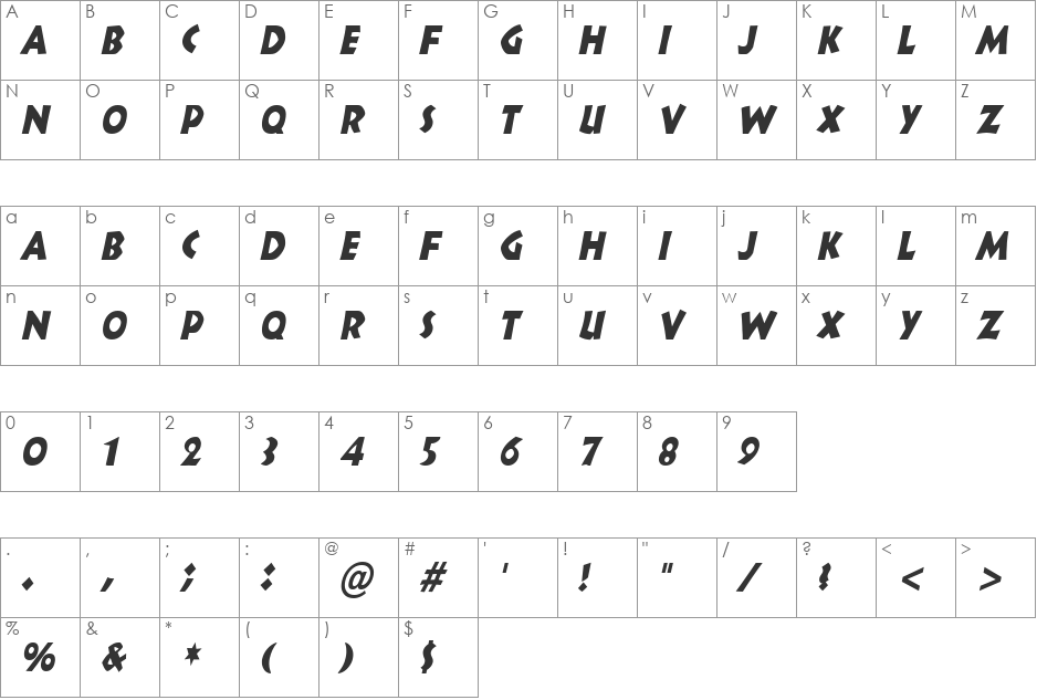 Indy-Condensed font character map preview