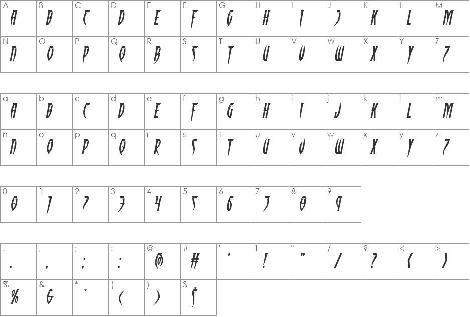 Inhumanity Extra-Expanded Italic font character map preview