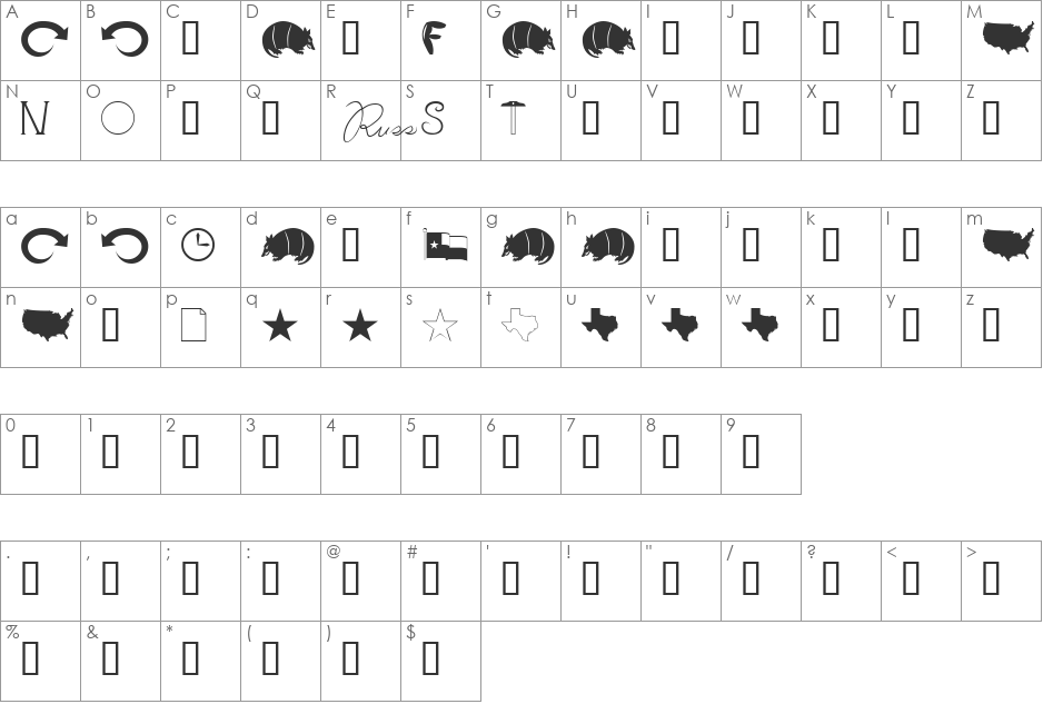 Armadillo font character map preview