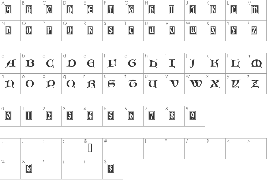 Initials Bradley and Caxton font character map preview