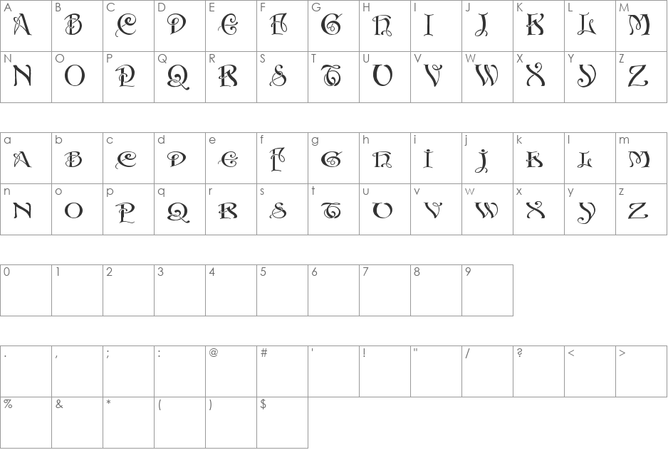 Initials with curls font character map preview