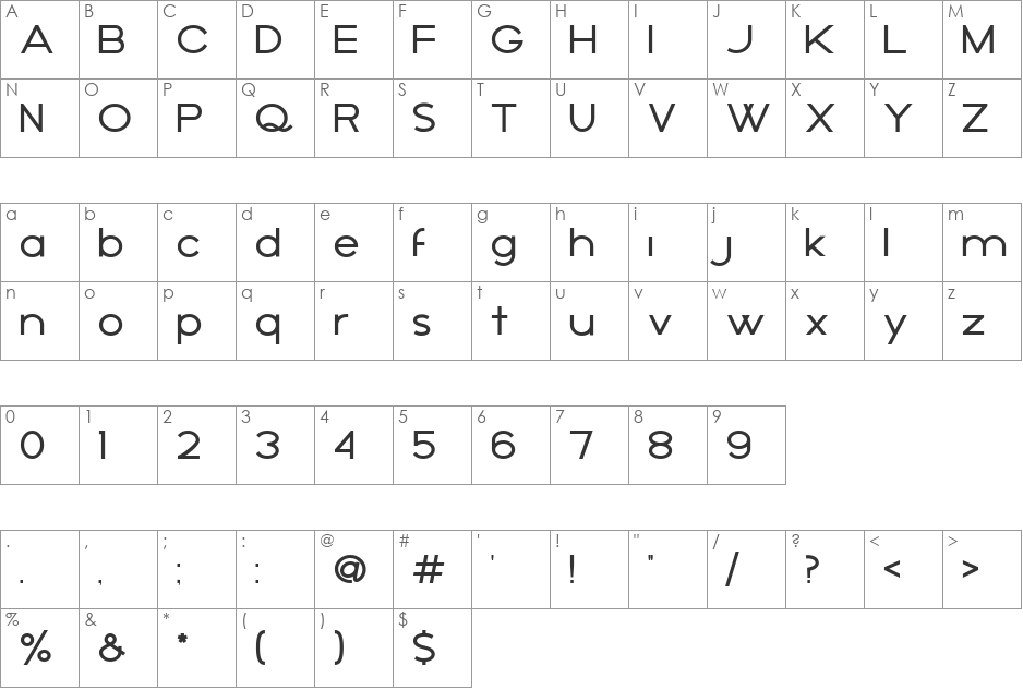 A Sans serif font character map preview