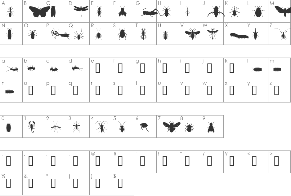 Insectile font character map preview