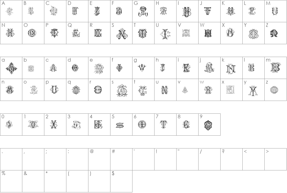 Intellecta Monograms Random Samples font character map preview
