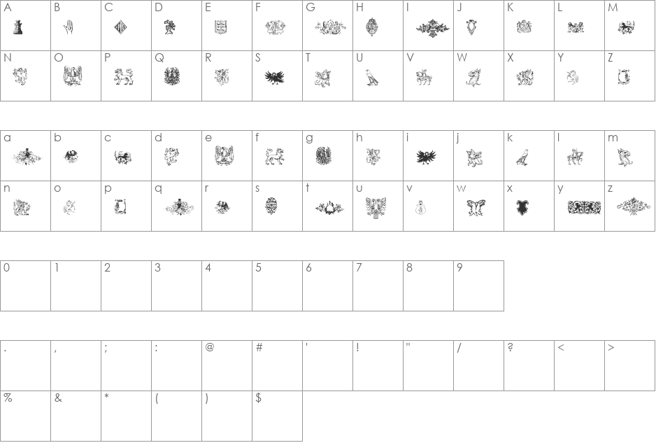 IntellectaHeraldics font character map preview