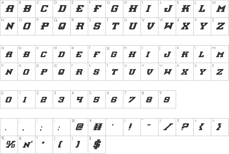 Interceptor Bold Italic font character map preview
