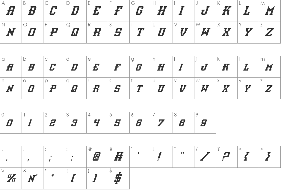 Interceptor Condensed Italic font character map preview