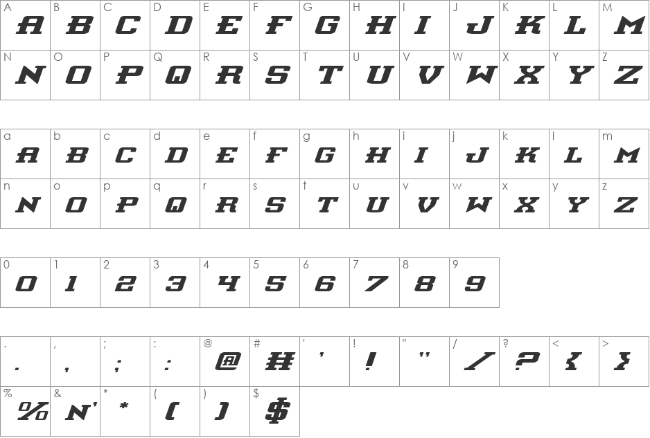 Interceptor Expanded Italic font character map preview
