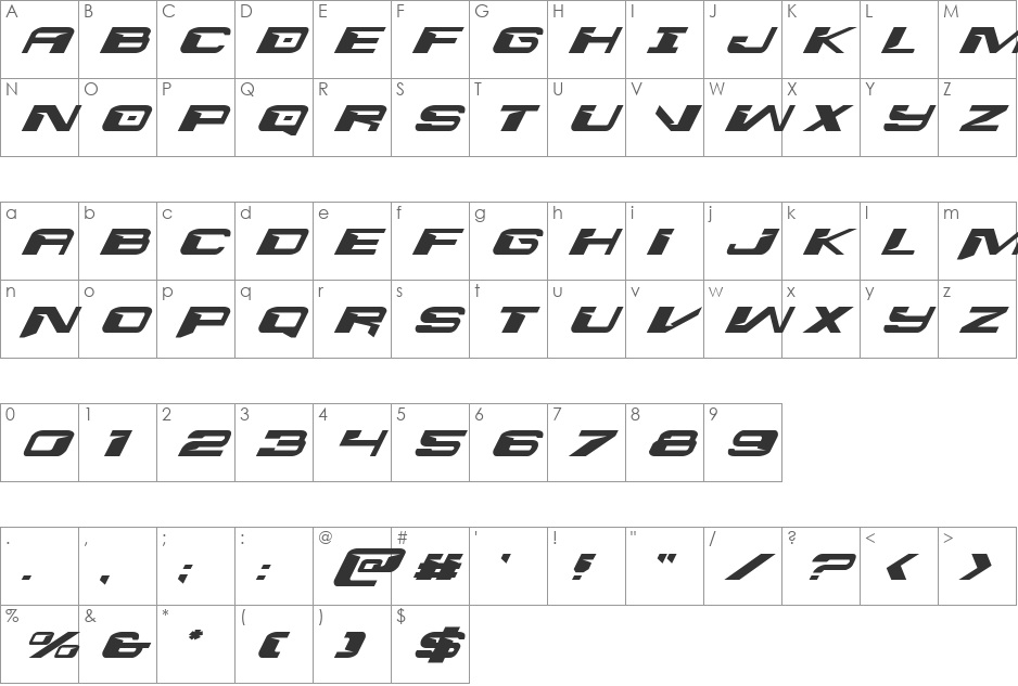 Interdiction Expanded Italic font character map preview