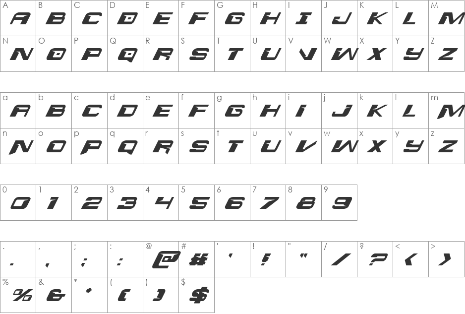 Interdiction Italic font character map preview