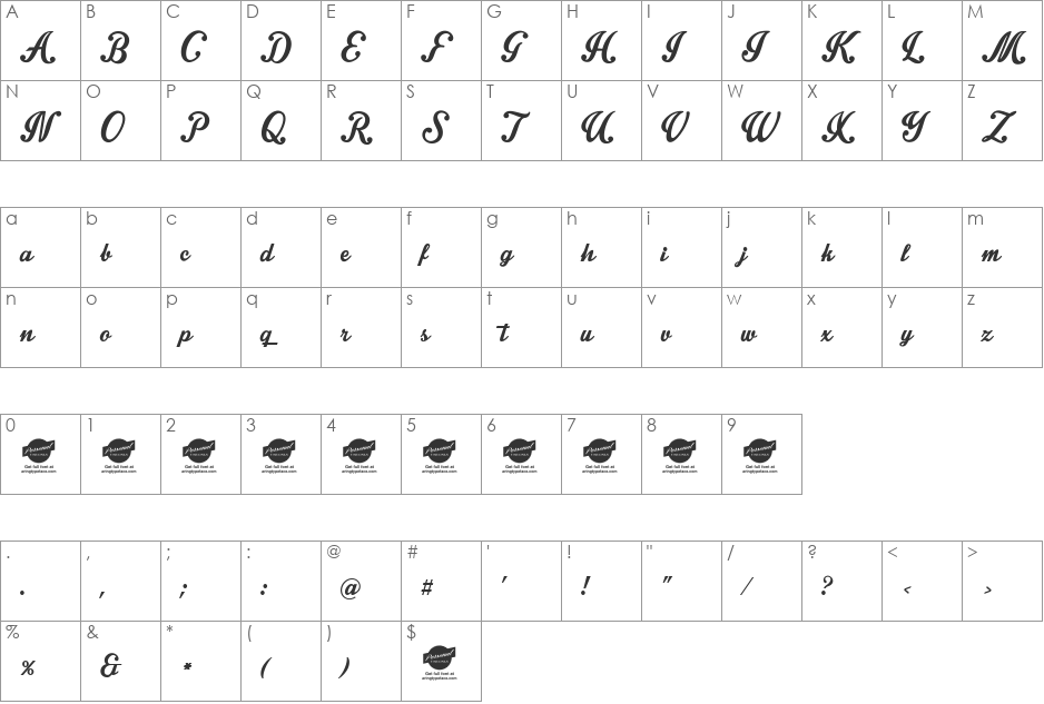 Intrique Script Personal Use font character map preview