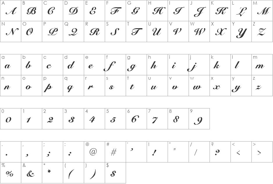 Armstrong Cursive font character map preview
