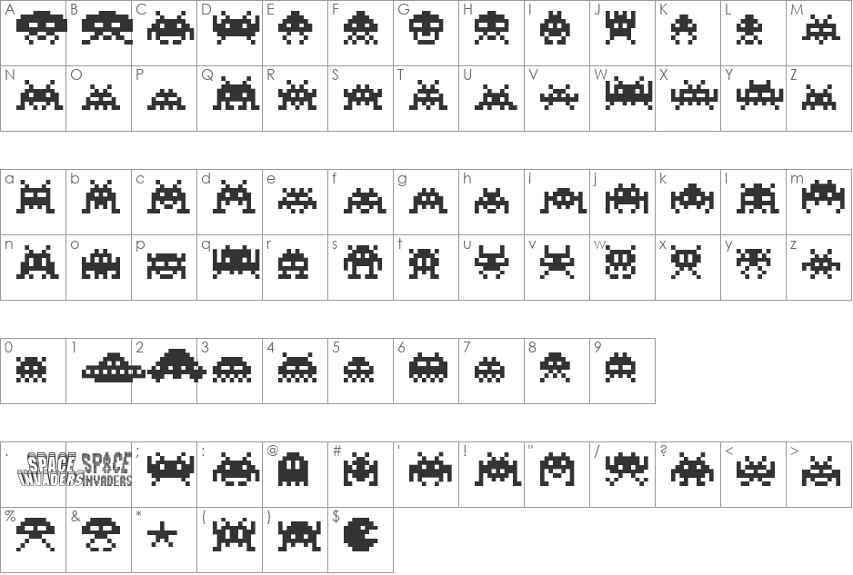 Invaders font character map preview