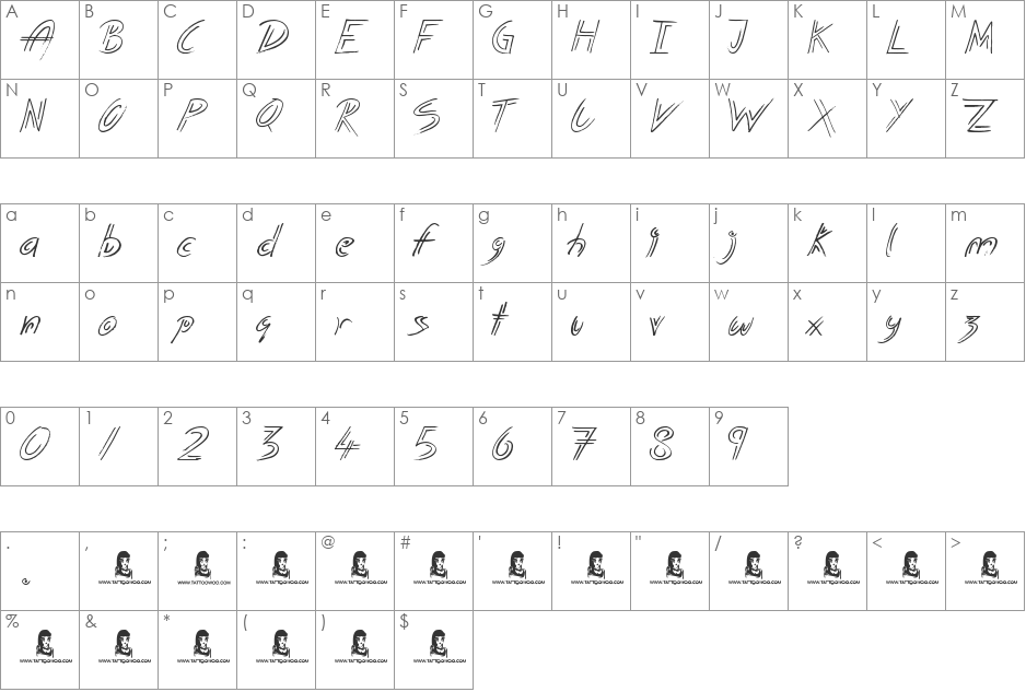 Invisible Touch font character map preview