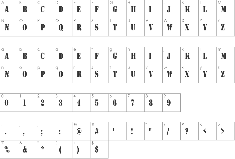 Army Condensed font character map preview