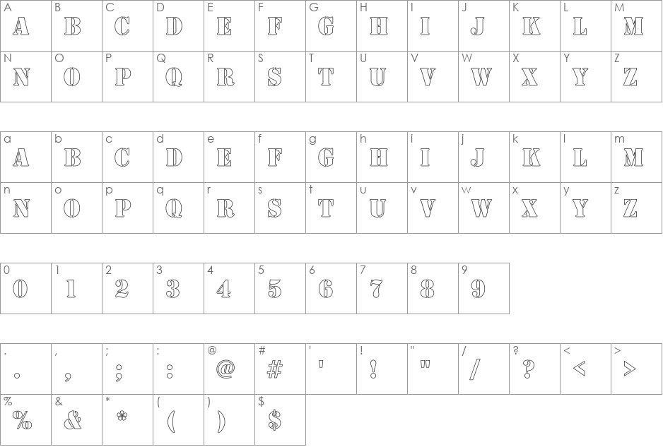 Army Hollow font character map preview