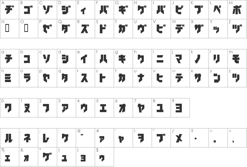 iron katakana font character map preview