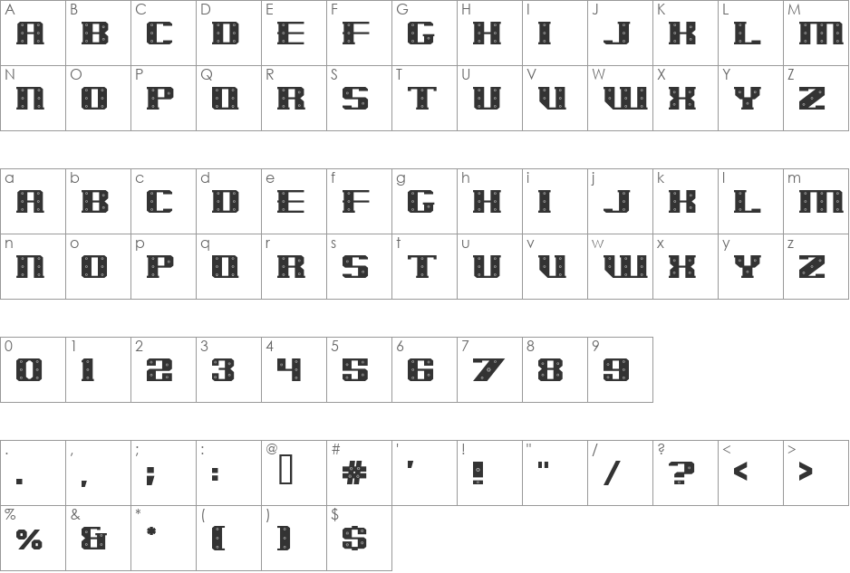 IronCladBoltedRaised font character map preview