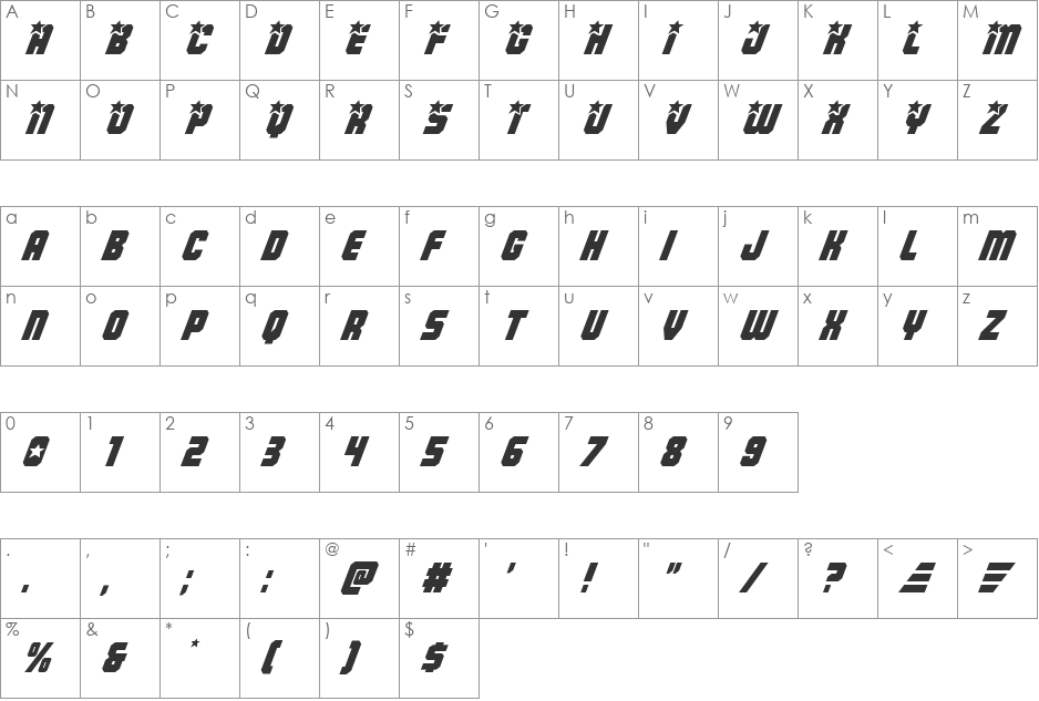 Army Rangers Italic font character map preview