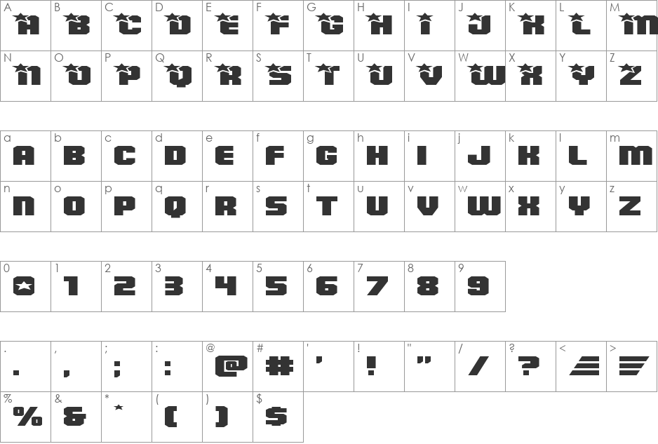 Army Rangers Super-Expanded font character map preview